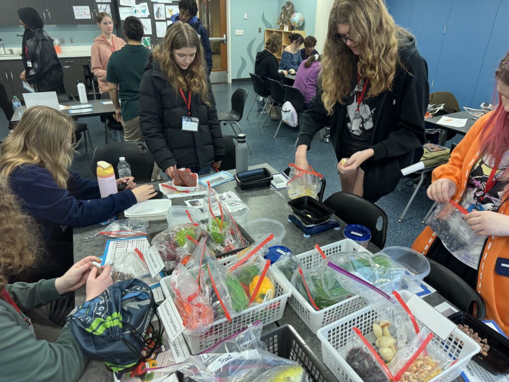 Students at an interactive exhibit at the zoo.